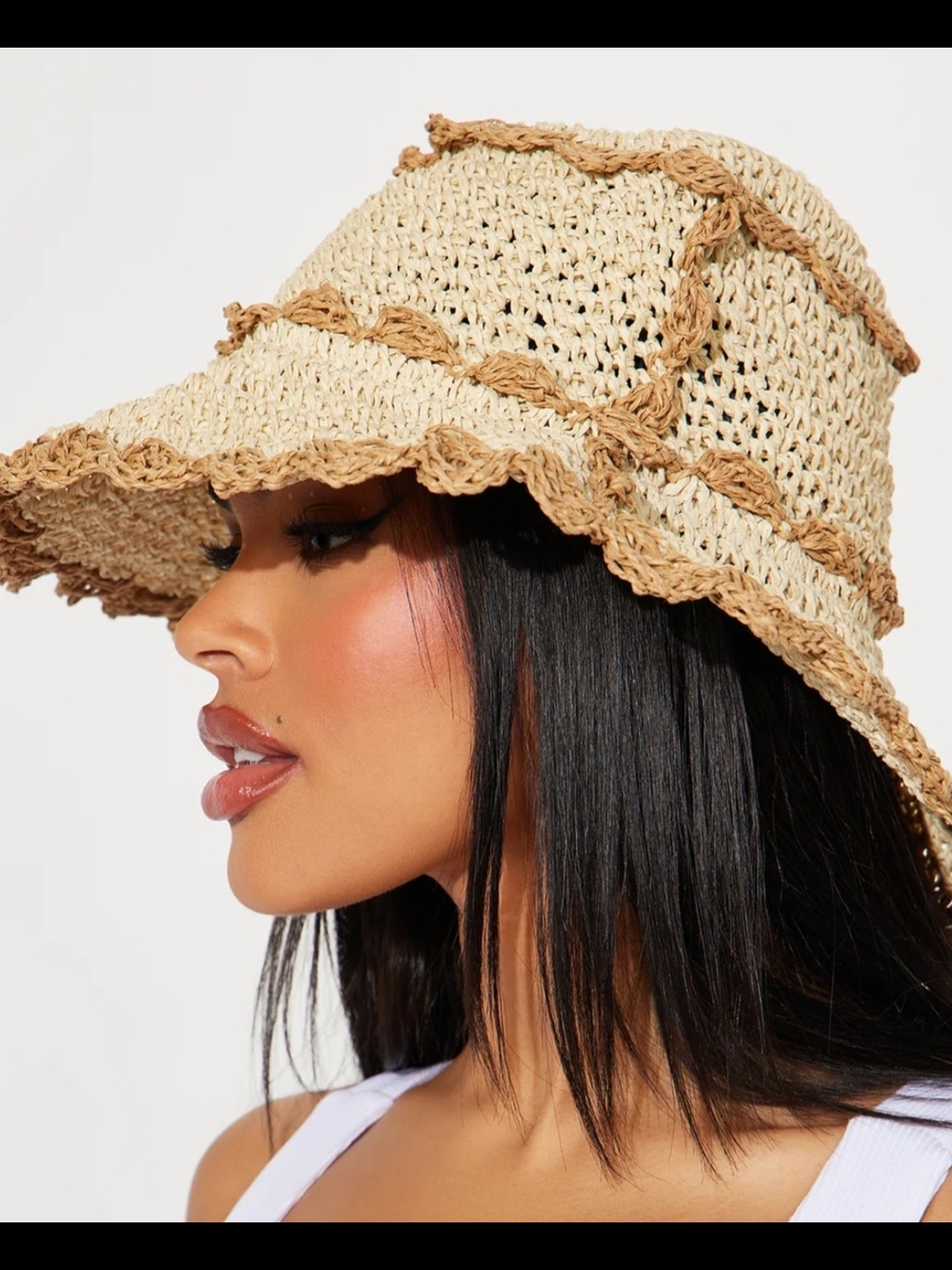 Beige Crochet Straw Bucket Hat - Women Accessories - Picture 2 of 2